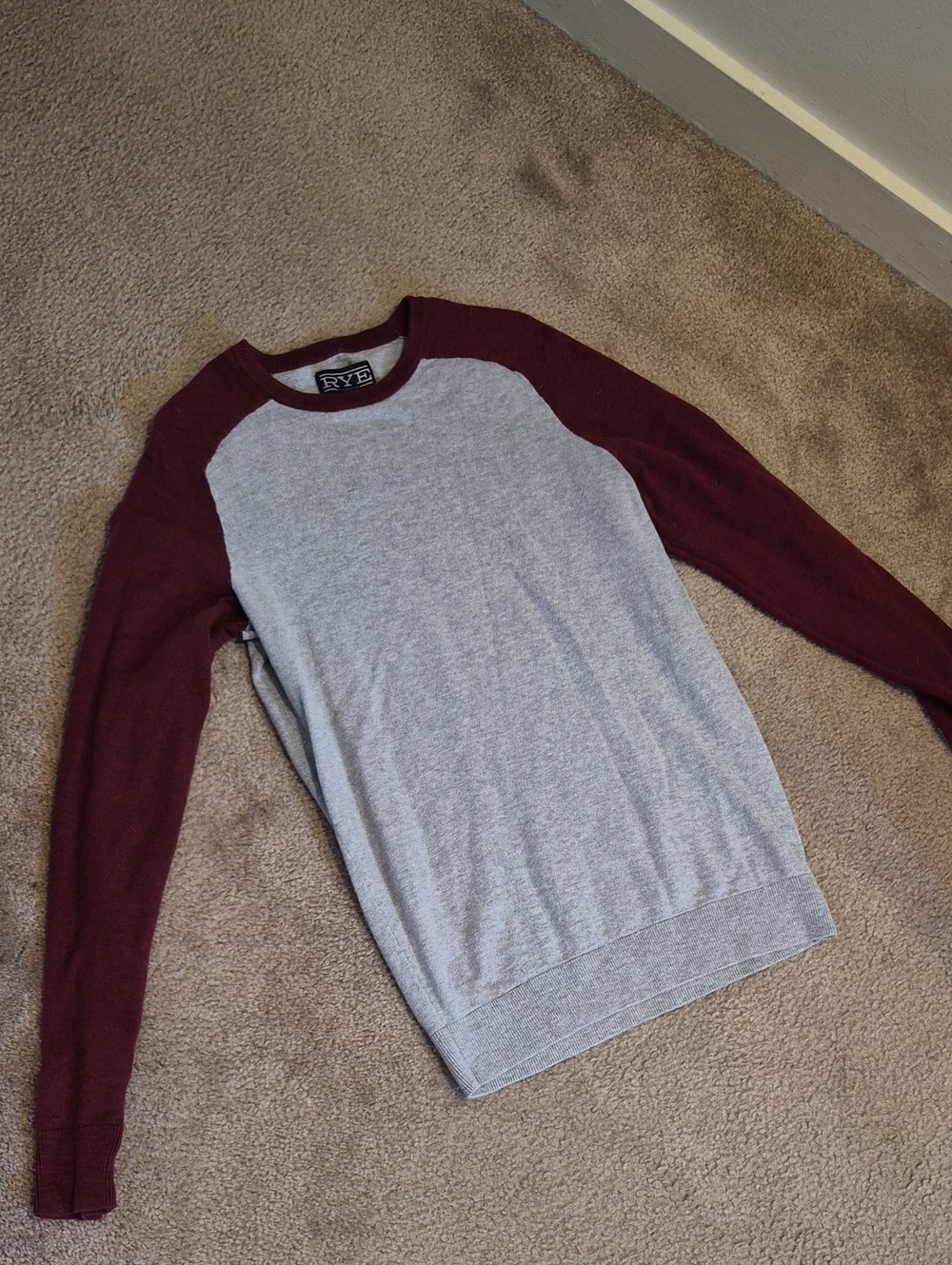 Rye Gray Body Crewneck Sweater with Burgundy Raglan Sleeves